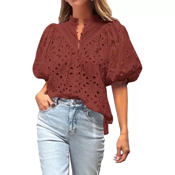 BTFBM Womens Casual Summer Blouse Tops Hollow Out Eyelet Embroidery V Neck Buttons Puff Short Sleeve Dressy Boho ShirtSolid Brown Red