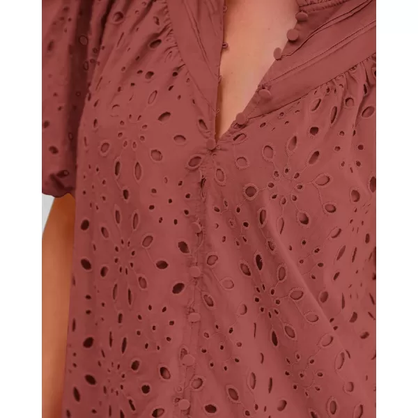 BTFBM Womens Casual Summer Blouse Tops Hollow Out Eyelet Embroidery V Neck Buttons Puff Short Sleeve Dressy Boho ShirtSolid Brown Red