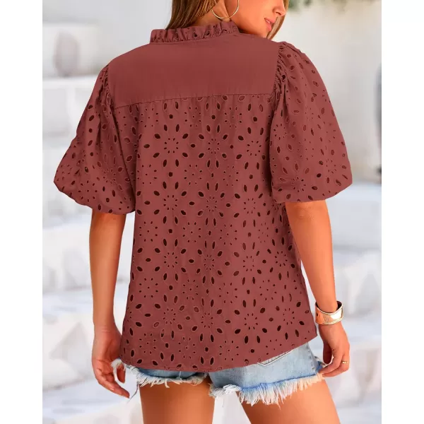 BTFBM Womens Casual Summer Blouse Tops Hollow Out Eyelet Embroidery V Neck Buttons Puff Short Sleeve Dressy Boho ShirtSolid Brown Red