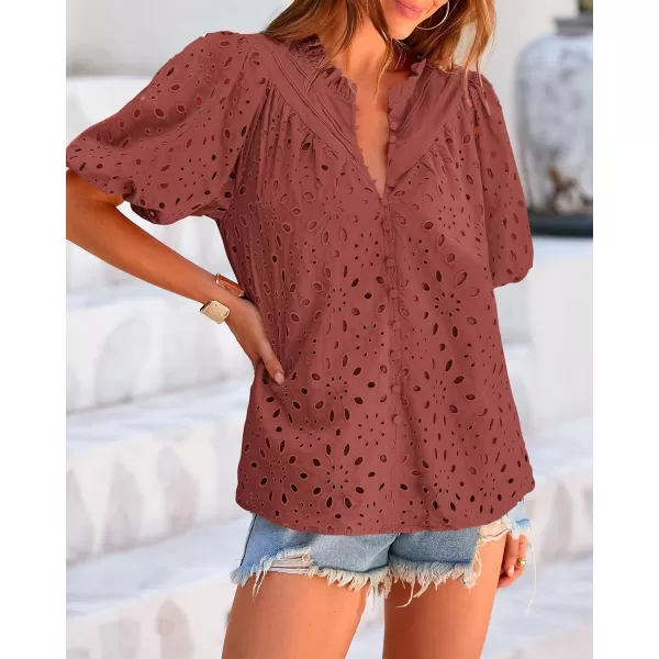 BTFBM Womens Casual Summer Blouse Tops Hollow Out Eyelet Embroidery V Neck Buttons Puff Short Sleeve Dressy Boho ShirtSolid Brown Red
