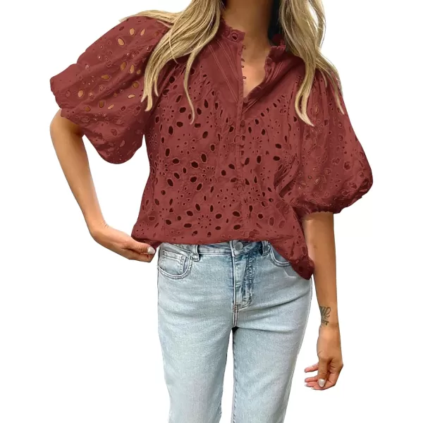 BTFBM Womens Casual Summer Blouse Tops Hollow Out Eyelet Embroidery V Neck Buttons Puff Short Sleeve Dressy Boho ShirtSolid Brown Red