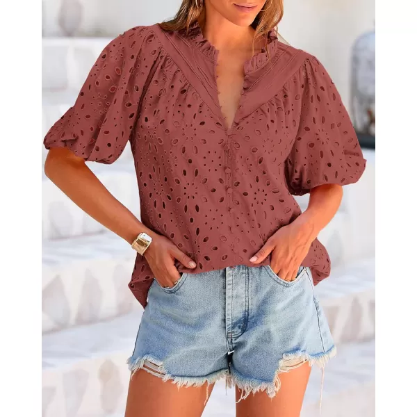 BTFBM Womens Casual Summer Blouse Tops Hollow Out Eyelet Embroidery V Neck Buttons Puff Short Sleeve Dressy Boho ShirtSolid Brown Red