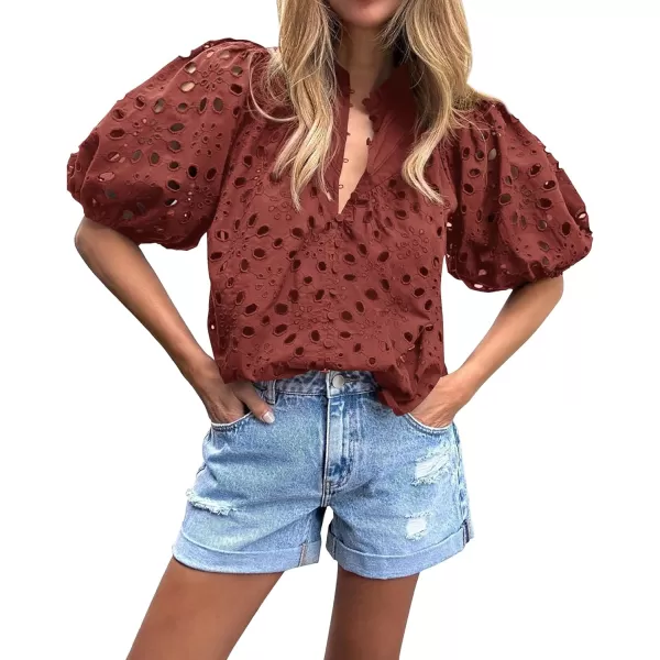 BTFBM Womens Casual Summer Blouse Tops Hollow Out Eyelet Embroidery V Neck Buttons Puff Short Sleeve Dressy Boho ShirtSolid Brown Red