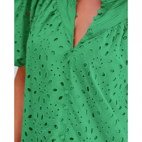 BTFBM Womens Casual Summer Blouse Tops Hollow Out Eyelet Embroidery V Neck Buttons Puff Short Sleeve Dressy Boho ShirtSolid Green