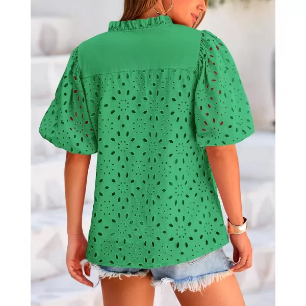 BTFBM Womens Casual Summer Blouse Tops Hollow Out Eyelet Embroidery V Neck Buttons Puff Short Sleeve Dressy Boho ShirtSolid Green