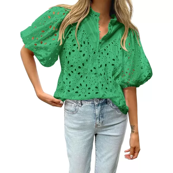 BTFBM Womens Casual Summer Blouse Tops Hollow Out Eyelet Embroidery V Neck Buttons Puff Short Sleeve Dressy Boho ShirtSolid Green
