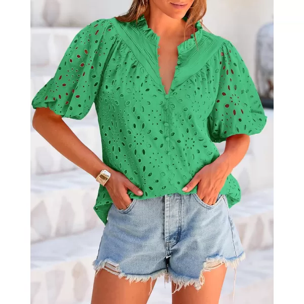 BTFBM Womens Casual Summer Blouse Tops Hollow Out Eyelet Embroidery V Neck Buttons Puff Short Sleeve Dressy Boho ShirtSolid Green
