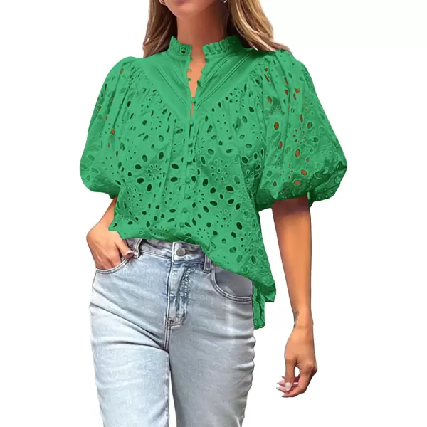 BTFBM Womens Casual Summer Blouse Tops Hollow Out Eyelet Embroidery V Neck Buttons Puff Short Sleeve Dressy Boho ShirtSolid Green