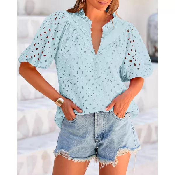 BTFBM Womens Casual Summer Blouse Tops Hollow Out Eyelet Embroidery V Neck Buttons Puff Short Sleeve Dressy Boho ShirtSolid Light Blue