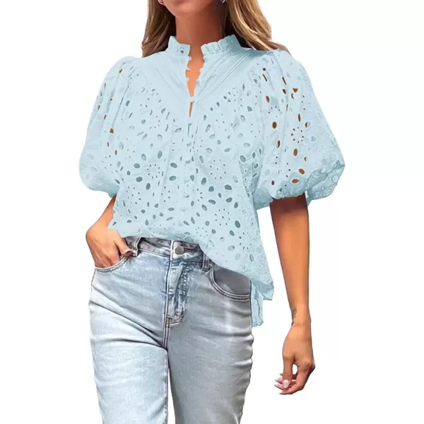 BTFBM Womens Casual Summer Blouse Tops Hollow Out Eyelet Embroidery V Neck Buttons Puff Short Sleeve Dressy Boho ShirtSolid Light Blue