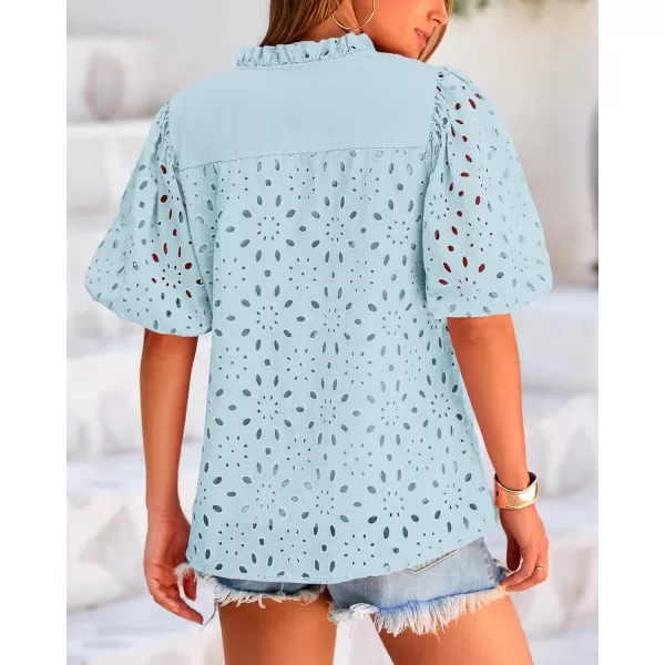 BTFBM Womens Casual Summer Blouse Tops Hollow Out Eyelet Embroidery V Neck Buttons Puff Short Sleeve Dressy Boho ShirtSolid Light Blue