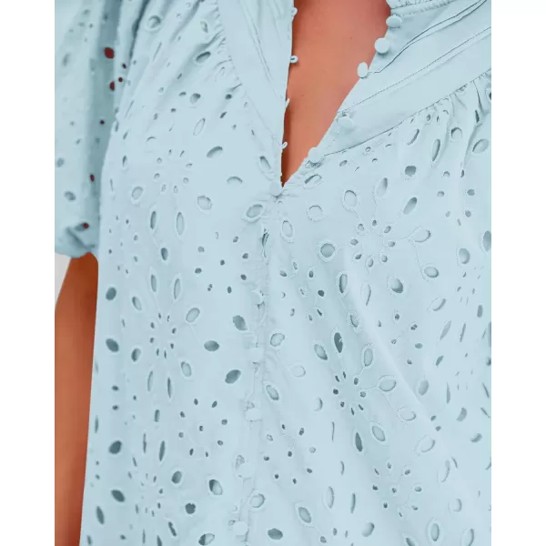 BTFBM Womens Casual Summer Blouse Tops Hollow Out Eyelet Embroidery V Neck Buttons Puff Short Sleeve Dressy Boho ShirtSolid Light Blue
