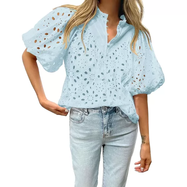 BTFBM Womens Casual Summer Blouse Tops Hollow Out Eyelet Embroidery V Neck Buttons Puff Short Sleeve Dressy Boho ShirtSolid Light Blue