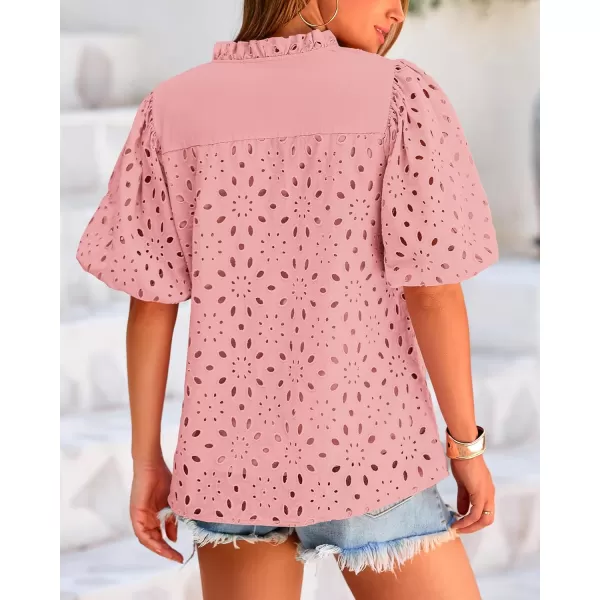 BTFBM Womens Casual Summer Blouse Tops Hollow Out Eyelet Embroidery V Neck Buttons Puff Short Sleeve Dressy Boho ShirtSolid Pink
