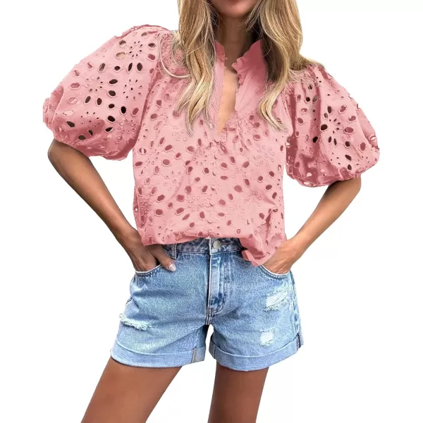 BTFBM Womens Casual Summer Blouse Tops Hollow Out Eyelet Embroidery V Neck Buttons Puff Short Sleeve Dressy Boho ShirtSolid Pink