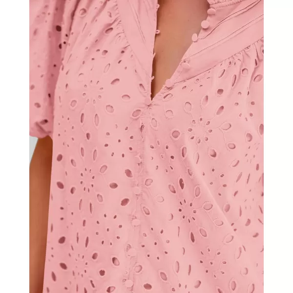 BTFBM Womens Casual Summer Blouse Tops Hollow Out Eyelet Embroidery V Neck Buttons Puff Short Sleeve Dressy Boho ShirtSolid Pink