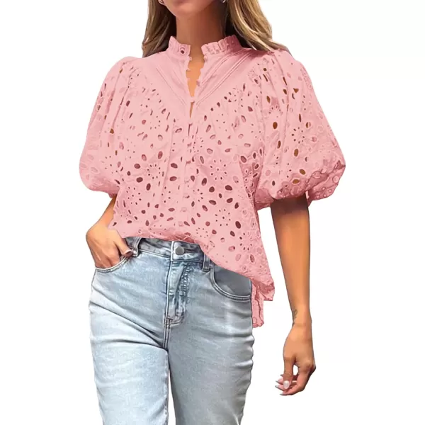 BTFBM Womens Casual Summer Blouse Tops Hollow Out Eyelet Embroidery V Neck Buttons Puff Short Sleeve Dressy Boho ShirtSolid Pink
