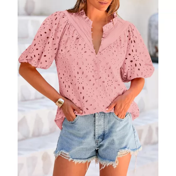 BTFBM Womens Casual Summer Blouse Tops Hollow Out Eyelet Embroidery V Neck Buttons Puff Short Sleeve Dressy Boho ShirtSolid Pink
