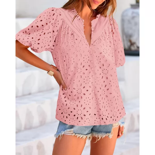 BTFBM Womens Casual Summer Blouse Tops Hollow Out Eyelet Embroidery V Neck Buttons Puff Short Sleeve Dressy Boho ShirtSolid Pink