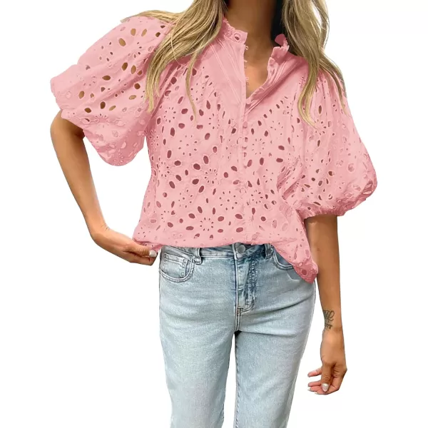 BTFBM Womens Casual Summer Blouse Tops Hollow Out Eyelet Embroidery V Neck Buttons Puff Short Sleeve Dressy Boho ShirtSolid Pink