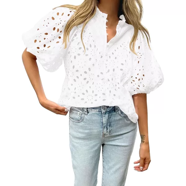 BTFBM Womens Casual Summer Blouse Tops Hollow Out Eyelet Embroidery V Neck Buttons Puff Short Sleeve Dressy Boho ShirtSolid White