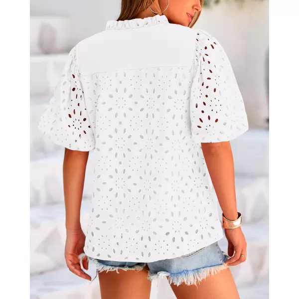 BTFBM Womens Casual Summer Blouse Tops Hollow Out Eyelet Embroidery V Neck Buttons Puff Short Sleeve Dressy Boho ShirtSolid White