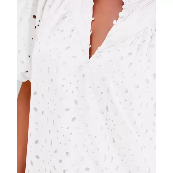BTFBM Womens Casual Summer Blouse Tops Hollow Out Eyelet Embroidery V Neck Buttons Puff Short Sleeve Dressy Boho ShirtSolid White
