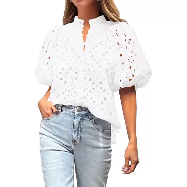 BTFBM Womens Casual Summer Blouse Tops Hollow Out Eyelet Embroidery V Neck Buttons Puff Short Sleeve Dressy Boho ShirtSolid White