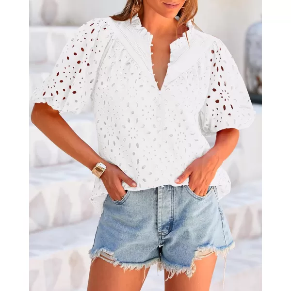 BTFBM Womens Casual Summer Blouse Tops Hollow Out Eyelet Embroidery V Neck Buttons Puff Short Sleeve Dressy Boho ShirtSolid White