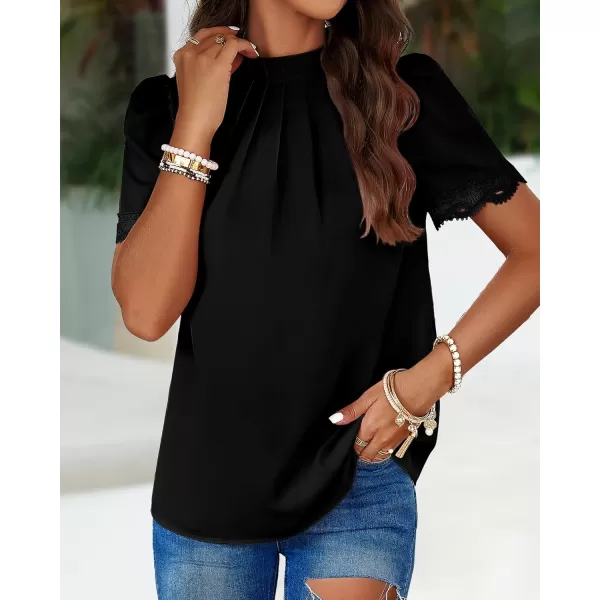 BTFBM Womens Dressy Casual Blouses Business Work Tops Lace Trim Short Sleeve Office Shirts 2024 Summer Spring OutfitsSolid Black