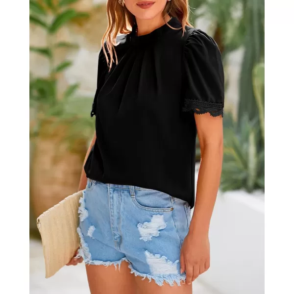 BTFBM Womens Dressy Casual Blouses Business Work Tops Lace Trim Short Sleeve Office Shirts 2024 Summer Spring OutfitsSolid Black
