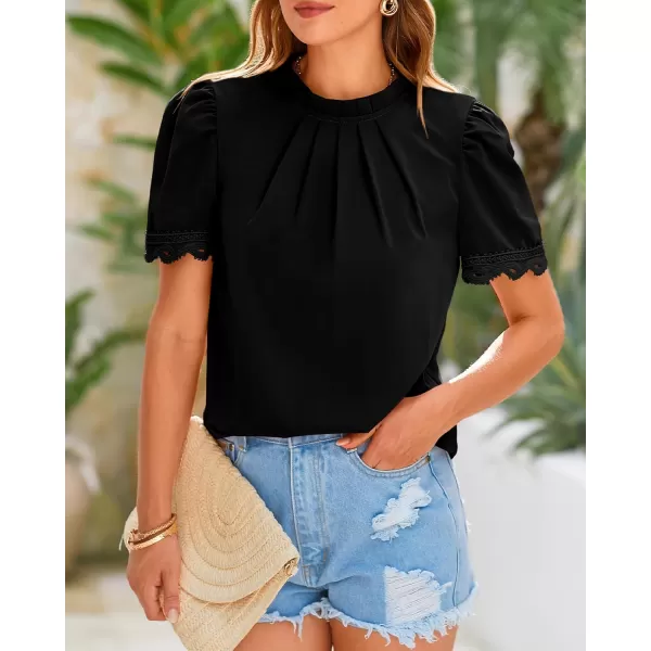 BTFBM Womens Dressy Casual Blouses Business Work Tops Lace Trim Short Sleeve Office Shirts 2024 Summer Spring OutfitsSolid Black