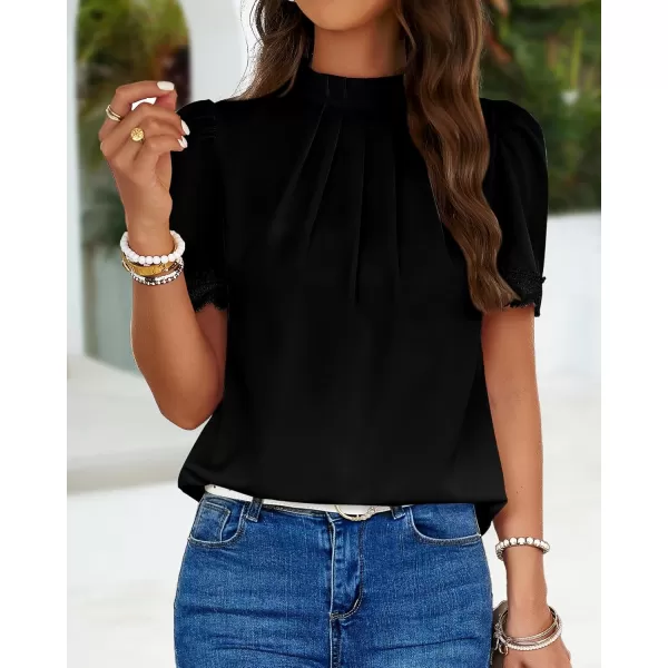 BTFBM Womens Dressy Casual Blouses Business Work Tops Lace Trim Short Sleeve Office Shirts 2024 Summer Spring OutfitsSolid Black