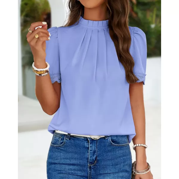 BTFBM Womens Dressy Casual Blouses Business Work Tops Lace Trim Short Sleeve Office Shirts 2024 Summer Spring OutfitsSolid Blue