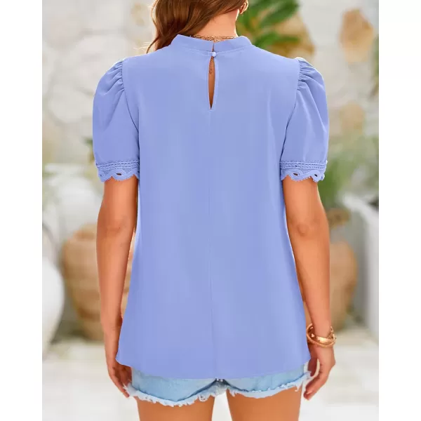 BTFBM Womens Dressy Casual Blouses Business Work Tops Lace Trim Short Sleeve Office Shirts 2024 Summer Spring OutfitsSolid Blue