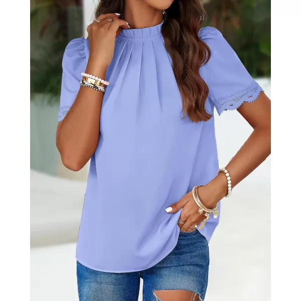 BTFBM Womens Dressy Casual Blouses Business Work Tops Lace Trim Short Sleeve Office Shirts 2024 Summer Spring OutfitsSolid Blue
