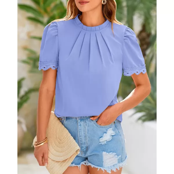 BTFBM Womens Dressy Casual Blouses Business Work Tops Lace Trim Short Sleeve Office Shirts 2024 Summer Spring OutfitsSolid Blue
