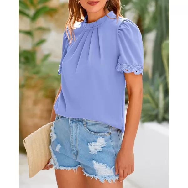 BTFBM Womens Dressy Casual Blouses Business Work Tops Lace Trim Short Sleeve Office Shirts 2024 Summer Spring OutfitsSolid Blue
