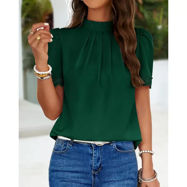 BTFBM Womens Dressy Casual Blouses Business Work Tops Lace Trim Short Sleeve Office Shirts 2024 Summer Spring OutfitsSolid Dark Green