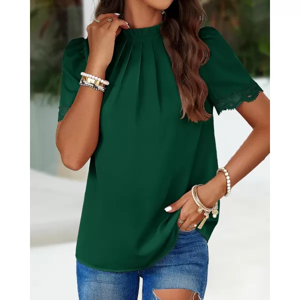 BTFBM Womens Dressy Casual Blouses Business Work Tops Lace Trim Short Sleeve Office Shirts 2024 Summer Spring OutfitsSolid Dark Green