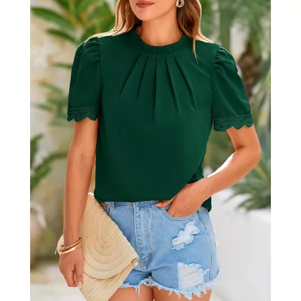 BTFBM Womens Dressy Casual Blouses Business Work Tops Lace Trim Short Sleeve Office Shirts 2024 Summer Spring OutfitsSolid Dark Green