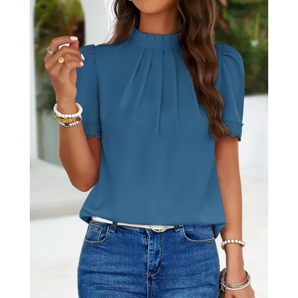 BTFBM Womens Dressy Casual Blouses Business Work Tops Lace Trim Short Sleeve Office Shirts 2024 Summer Spring OutfitsSolid Lake Blue