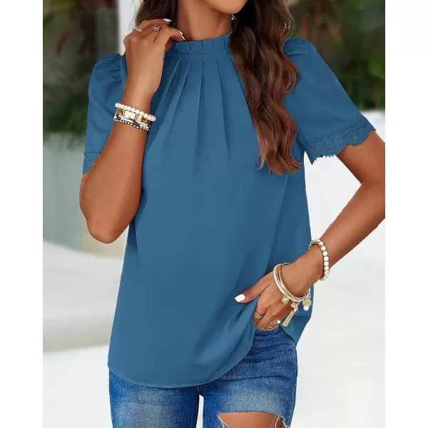 BTFBM Womens Dressy Casual Blouses Business Work Tops Lace Trim Short Sleeve Office Shirts 2024 Summer Spring OutfitsSolid Lake Blue