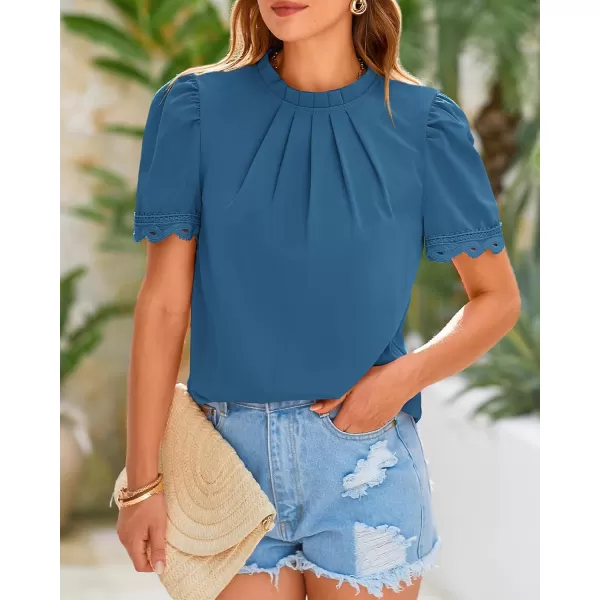 BTFBM Womens Dressy Casual Blouses Business Work Tops Lace Trim Short Sleeve Office Shirts 2024 Summer Spring OutfitsSolid Lake Blue