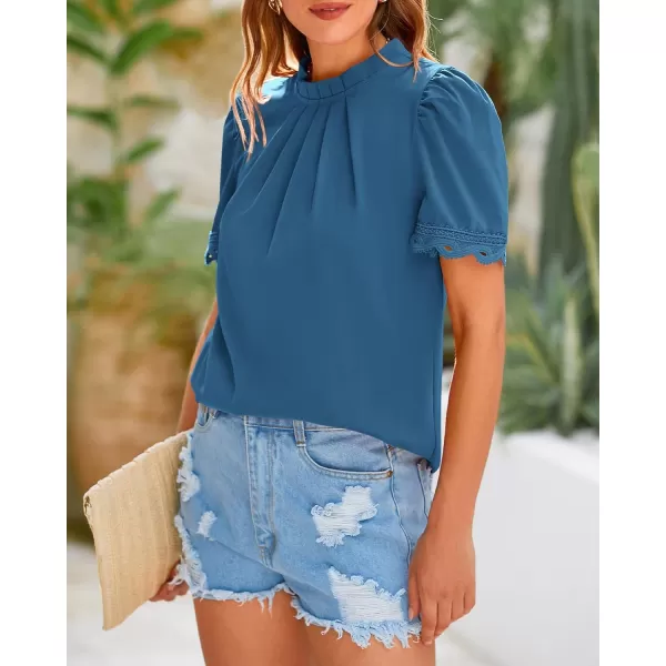 BTFBM Womens Dressy Casual Blouses Business Work Tops Lace Trim Short Sleeve Office Shirts 2024 Summer Spring OutfitsSolid Lake Blue