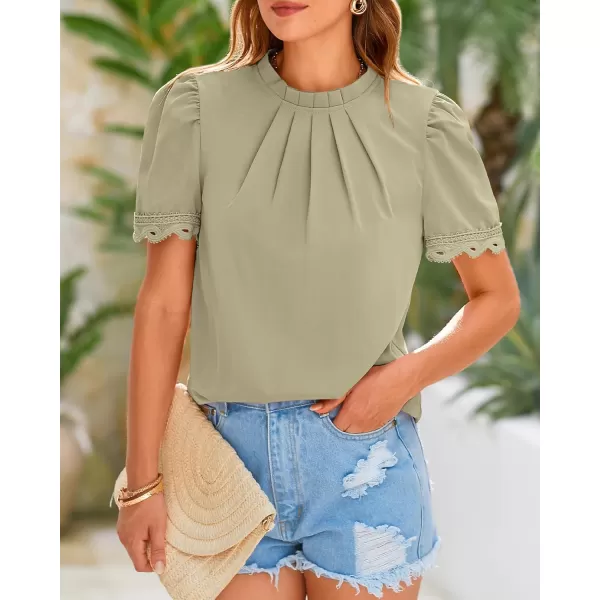 BTFBM Womens Dressy Casual Blouses Business Work Tops Lace Trim Short Sleeve Office Shirts 2024 Summer Spring OutfitsSolid Light Green