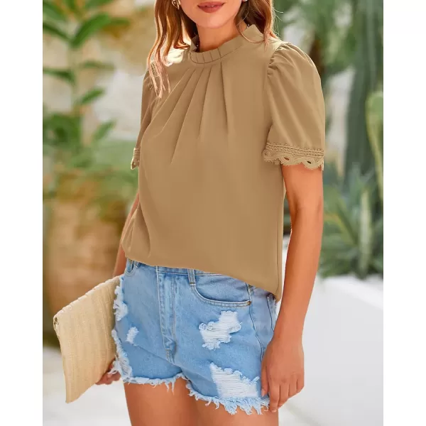 BTFBM Womens Dressy Casual Blouses Business Work Tops Lace Trim Short Sleeve Office Shirts 2024 Summer Spring OutfitsSolid Light Khaki