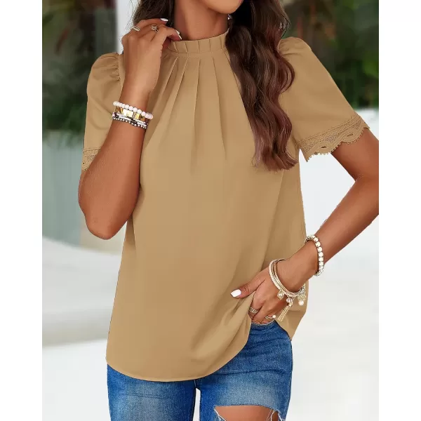 BTFBM Womens Dressy Casual Blouses Business Work Tops Lace Trim Short Sleeve Office Shirts 2024 Summer Spring OutfitsSolid Light Khaki