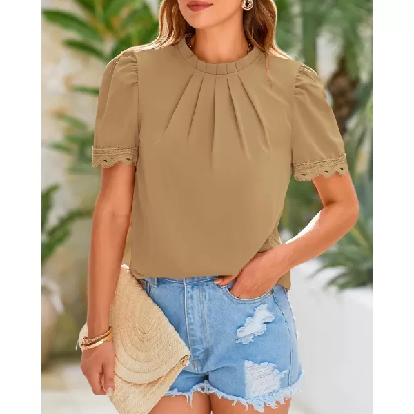 BTFBM Womens Dressy Casual Blouses Business Work Tops Lace Trim Short Sleeve Office Shirts 2024 Summer Spring OutfitsSolid Light Khaki