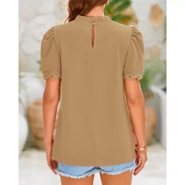 BTFBM Womens Dressy Casual Blouses Business Work Tops Lace Trim Short Sleeve Office Shirts 2024 Summer Spring OutfitsSolid Light Khaki